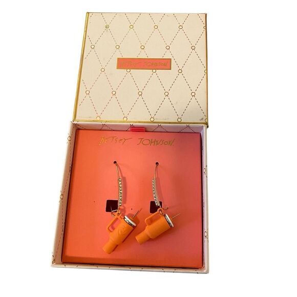 Betsey Johnson Orange Tumbler Dangle Earrings w/ Eye Catching Rhinestones. - Picture 6 of 8